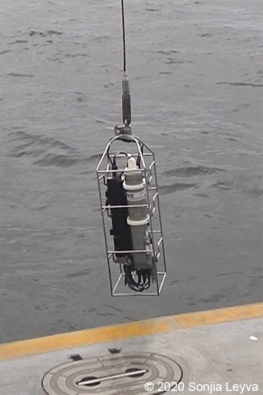 The Seabird as it is being lowered into the water.