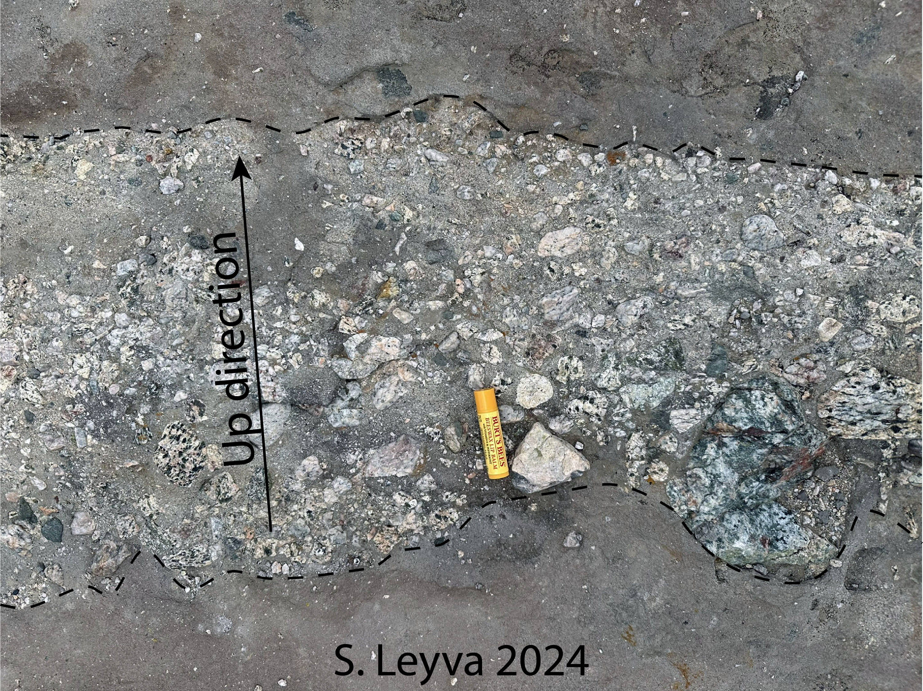 Close up of a conglomerate bed bound by sandstone beds.