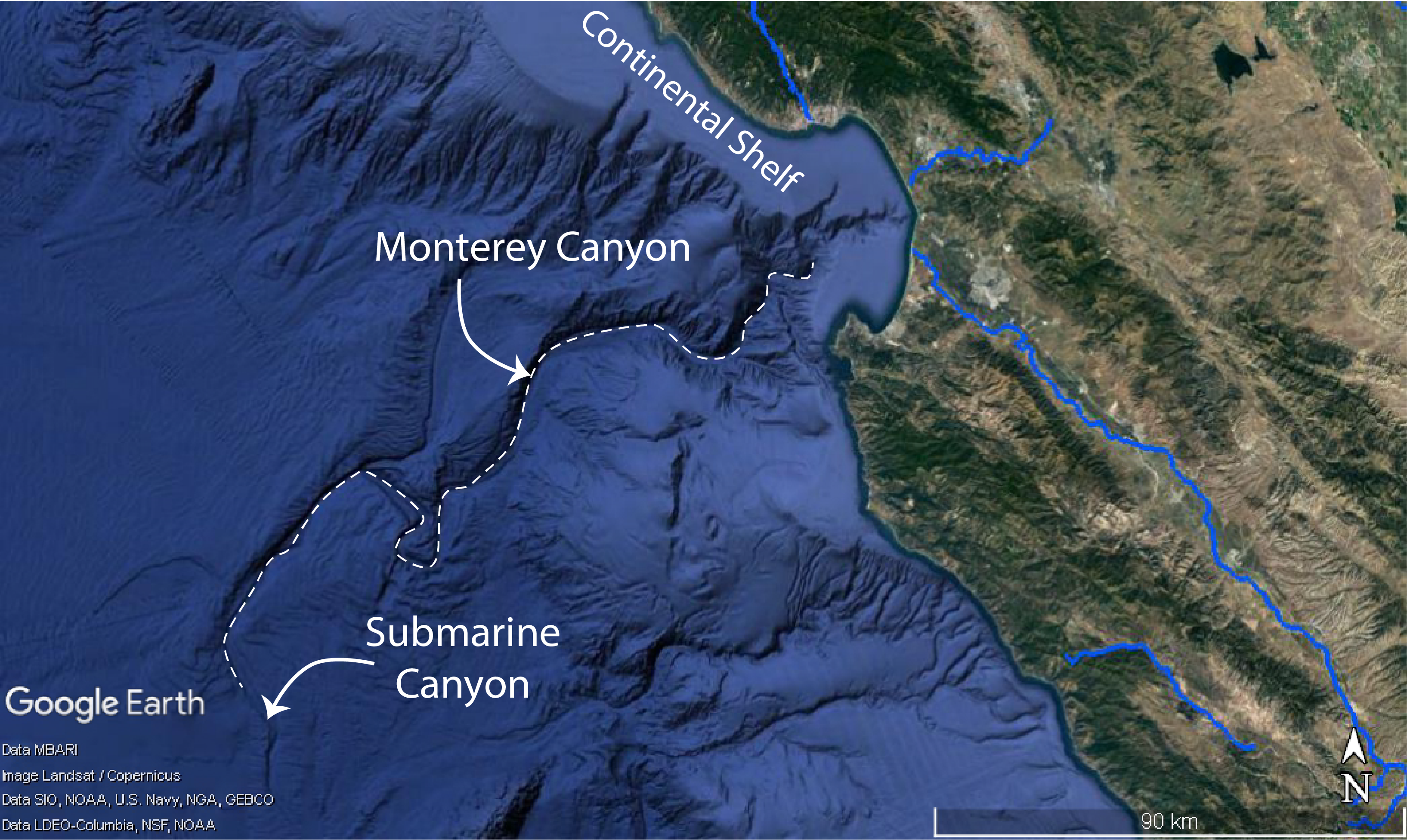 Satellite image of the Monterey, California area, showing the relationship between rivers on land and the Monterey Canyon.