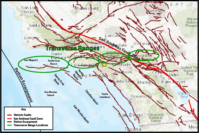 Satellite image of the Southern California Margin, showing faults, islands, offshore basins, and the Transverse Ranges.