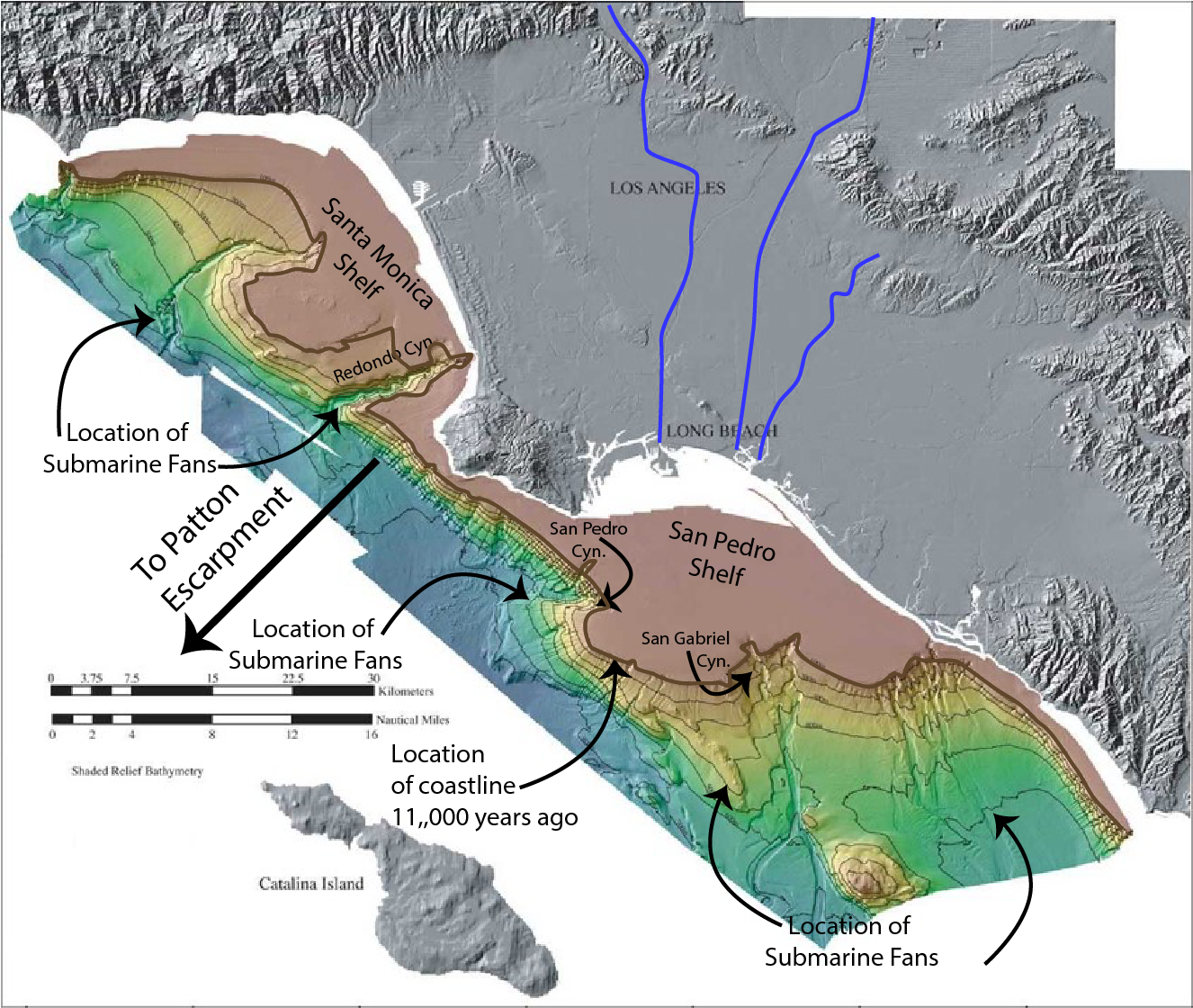 Color-coded shaded relief bathymetry of the Los Angeles, California Margin. 