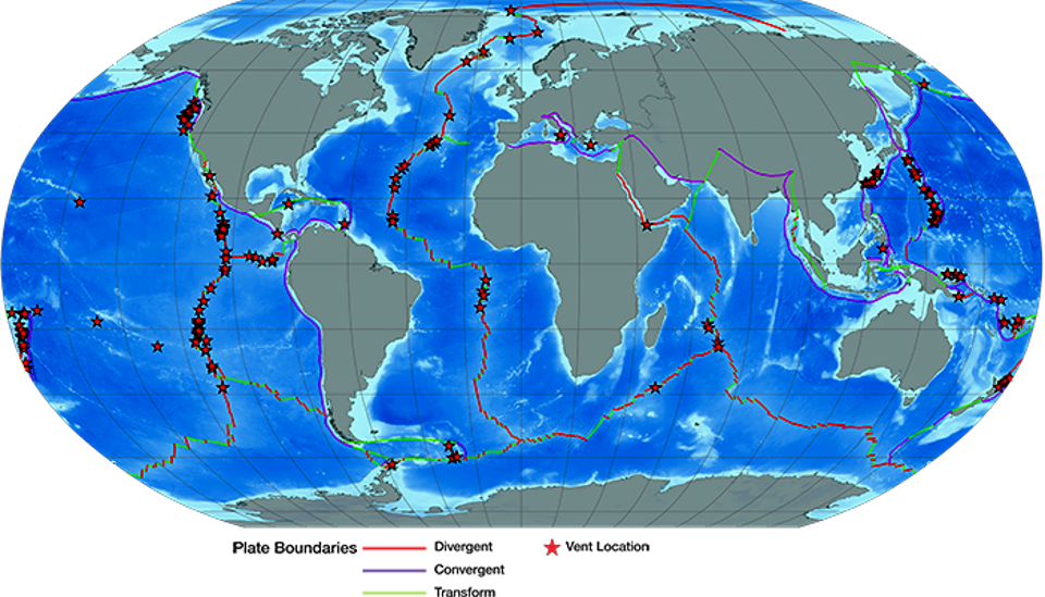Map of the Earth showing the location of hydrothermal vents