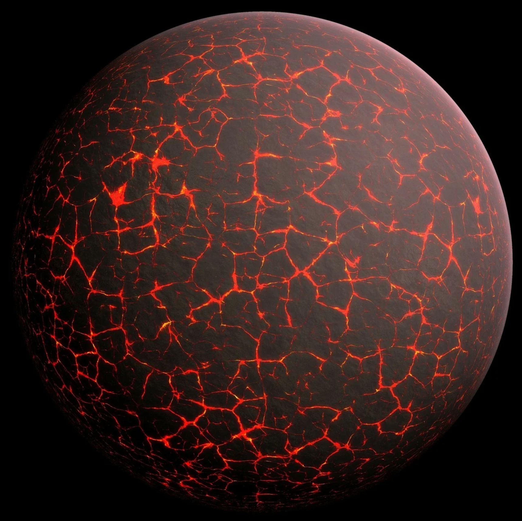 Image of what proto Earth might have looked like:  red motlen rock with thin, black skin on outside.