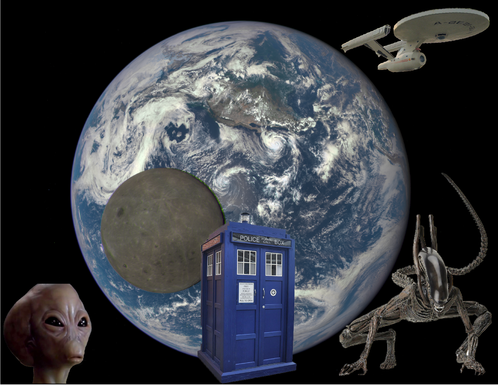 Image showing the Earth, the alien Thor from ‘Stargate SG1’, a xenomorphs from the ‘Aliens’ movies, the Enterprise from Star Trek, and the TARDIS from the Doctor Who TV show