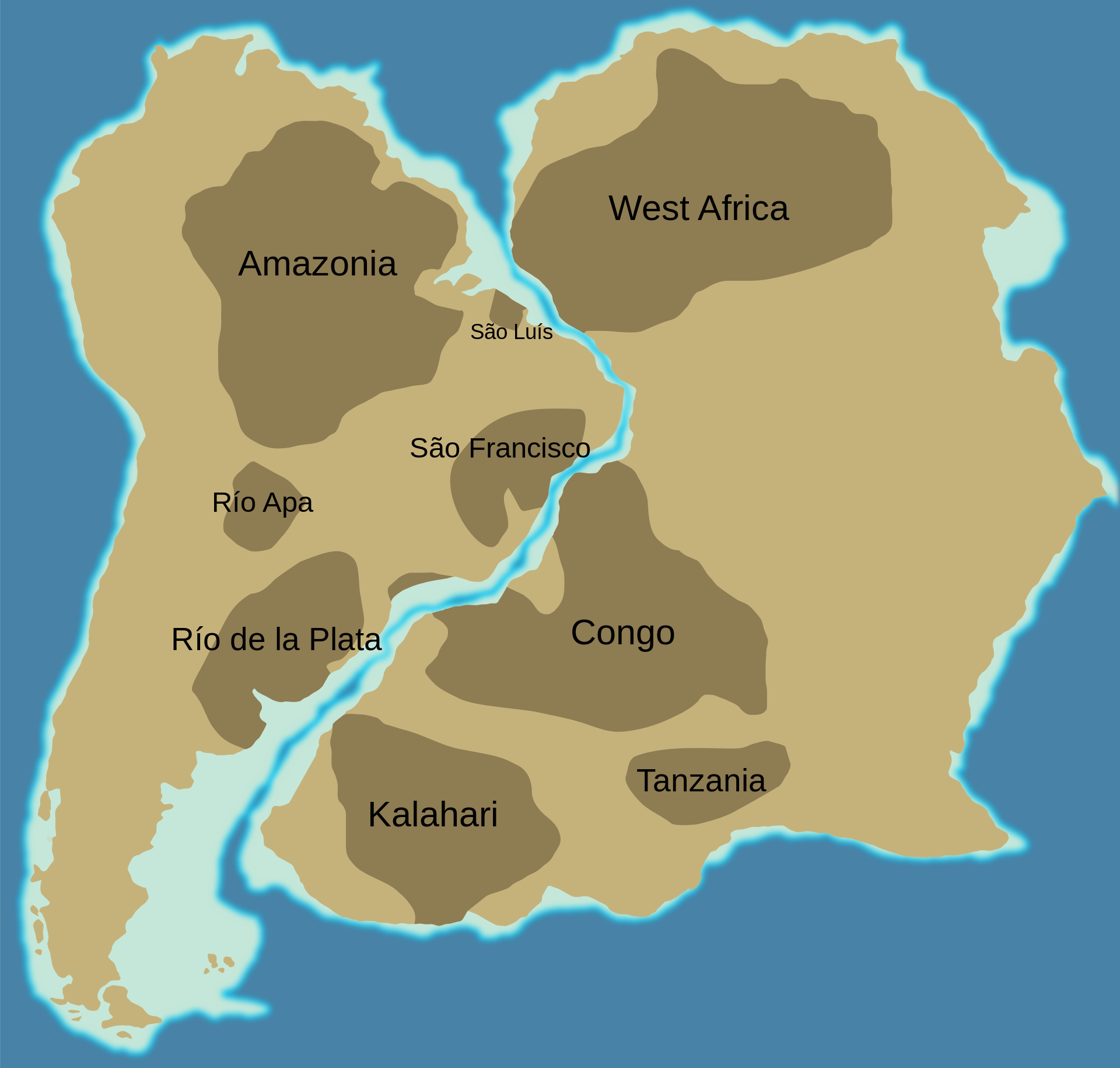 Approximate location of Mesoproterozoic (older than 1.3 Ga) cratons in South America and Africa. 