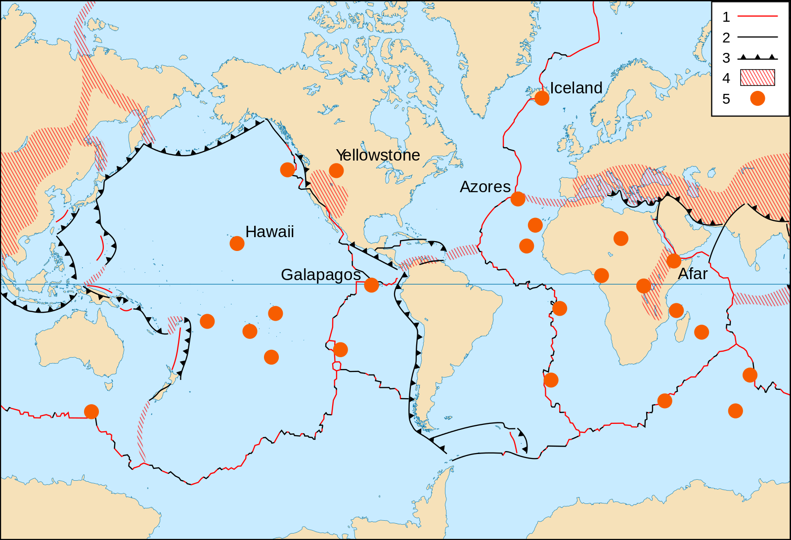 World map showing the locations of selected prominent hotspots; those labelled are mentioned in the text.