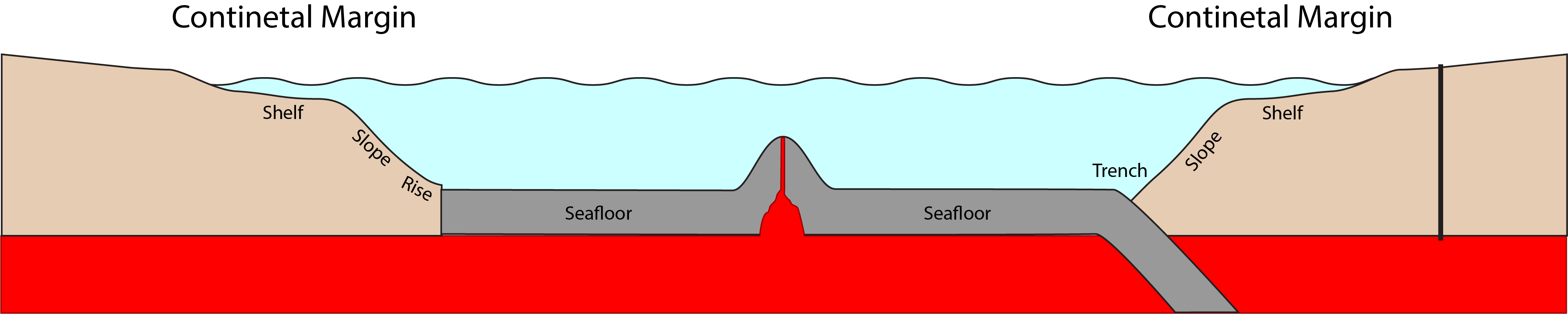 Profile extending from the continental margin (left), dropping off to the deep sea floor, where there is a spreading center in the middle.  The abyssal plain continues to the left before subducting beneath another continental plate on the right.